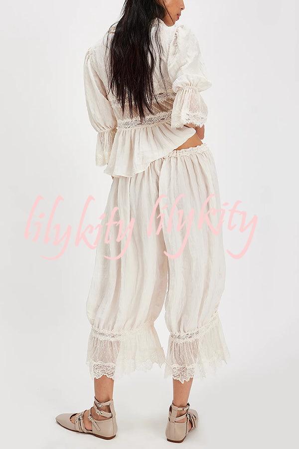 Pastoral Style Elastic Waist Lace Hem Bloomer Pants