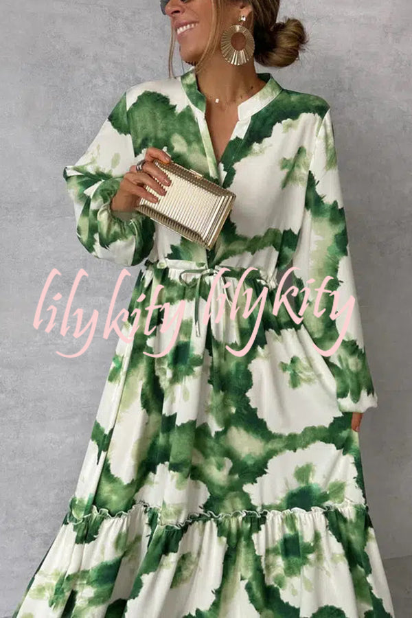 Unique Printed V-neck Long Sleeve Waist Tie-down Maxi Dress