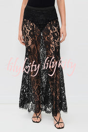 Make An Entrance Floral Stretch Lace Mid Rise Flare Maxi Skirt