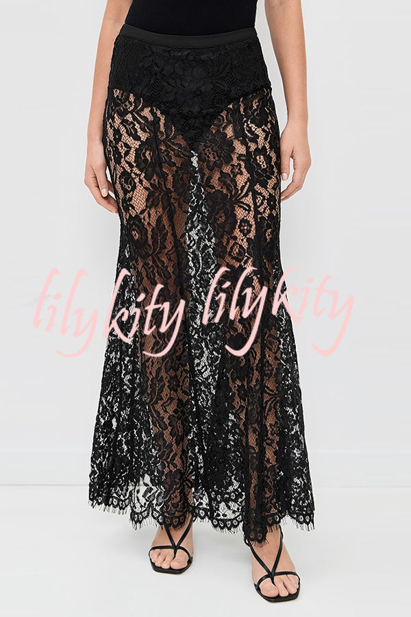 Make An Entrance Floral Stretch Lace Mid Rise Flare Maxi Skirt
