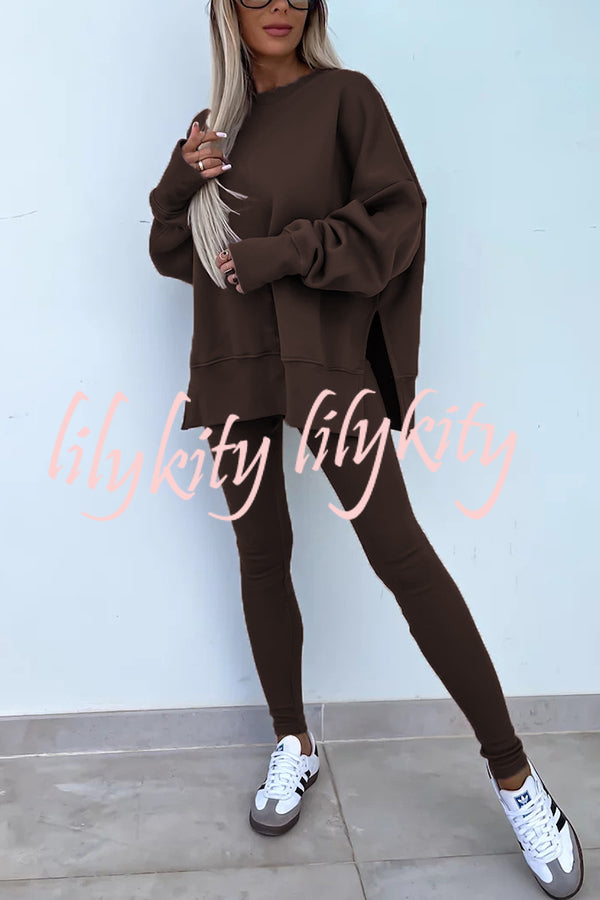 Solid Color Loose Long Sleeve SlitSweatshirt and Elastic Waist Tight Pants Set