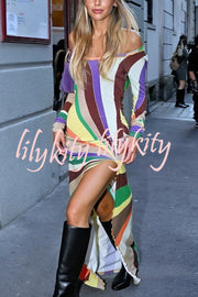 Stylish Multi-colored Long-sleeved Slim-fit Slit Maxi Dress