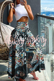 Unique Printed Pleated Elastic Waist Holiday Casual Maxi Skirt