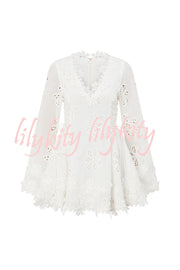 Diaz Embroidery Hollow Fabric Delicate Flower Trim Long Sleeve Side Lace-up Mini Dress