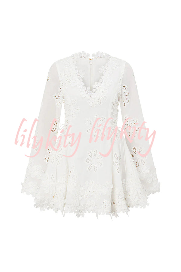 Diaz Embroidery Hollow Fabric Delicate Flower Trim Long Sleeve Side Lace-up Mini Dress