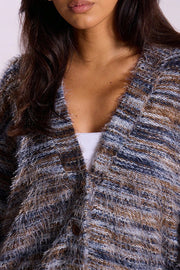 Fashionable Mixed Color Loose V-neck Casual Knit Cardigan