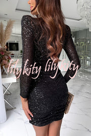 Dreamy and Dazzling Sequin Mesh V-neck Long Sleeve Ruched Stretch Mini Dress