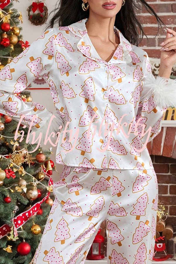 Christmas Print Feather Trim Elastic Waist Pocket Pajama Set