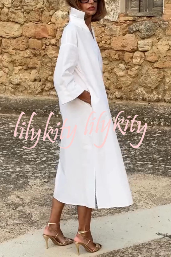 Solid Color V-neck Half-sleeve Loose Slit Midi Dress