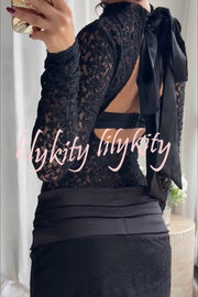 Anna Semi-sheer Lace Long Sleeve Back Bow Tie-up Cutout Stretch Bodysuit