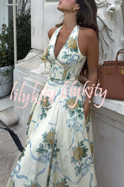 Resort Star Floral Print Waist Halterneck Tie Pocket Midi Dress