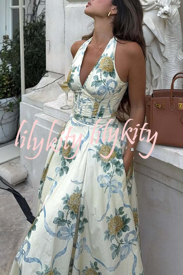 Resort Star Floral Print Waist Halterneck Tie Pocket Midi Dress