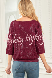 Solid Color Sequined Loose Round Neck Casual Top