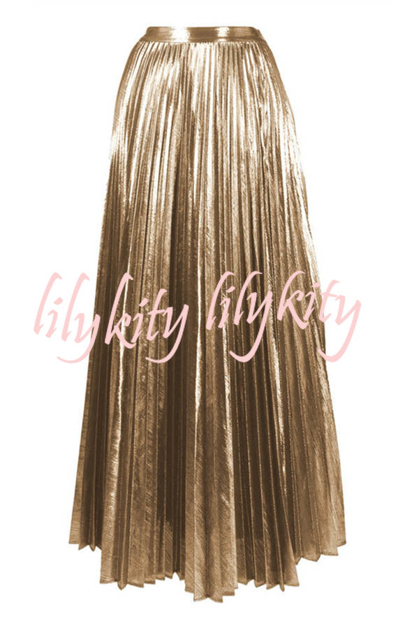 Fashion Metallic Fabric Elastic Waist Beach Midi Skirt