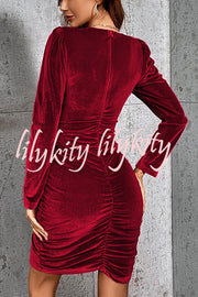 Solid Color Velvet Sexy V-neck Long Sleeve Ruched Mini Dress