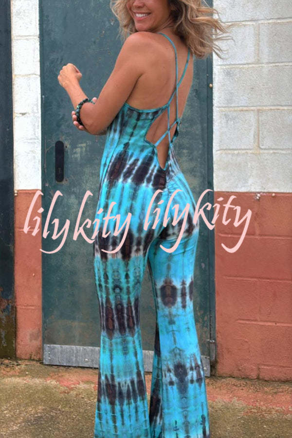 Exclusive Style Tie-dye Print Backless Tie-up Stretch Flared Jumpsuit