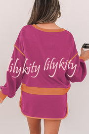 Fashion Round Neck Long Sleeve Spliced Casual Top and Elastic Waist Loose Shorts Set
