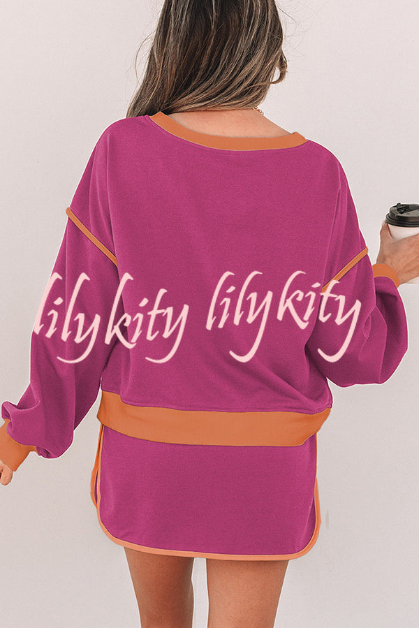Fashion Round Neck Long Sleeve Spliced Casual Top and Elastic Waist Loose Shorts Set