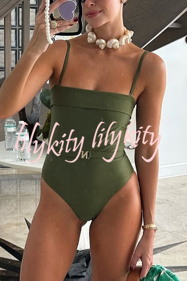 Solid Color Suspender Buckle Waist Elastic Swimsuit