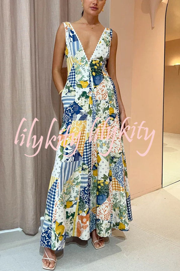 Eternal Italian Paradise Linen Blend Patchwork Print Pocketed Maxi Dress