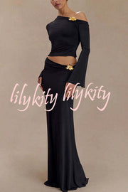 Ainsley Floral Hardware Asymmetrical Long Sleeve Stretch Top and Mid Rise Maxi Skirt Set