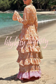 Soleil Conch Print Drawstring Waist Tiered Ruffles Cover-up Maxi Dress