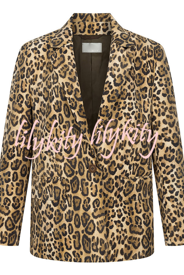 Catwalk Leopard Single Button Long Sleeve Pocketed Lapel Boyfriend Blazer