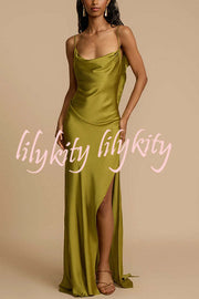 Evening Date Satin Cowl Neck Drape Ruffle Backless Bias Cut Party Maxi Dress