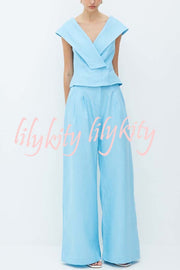Velena Linen Blend Button Up Lapel Top and High Rise Pocket Wide Leg Pants Set