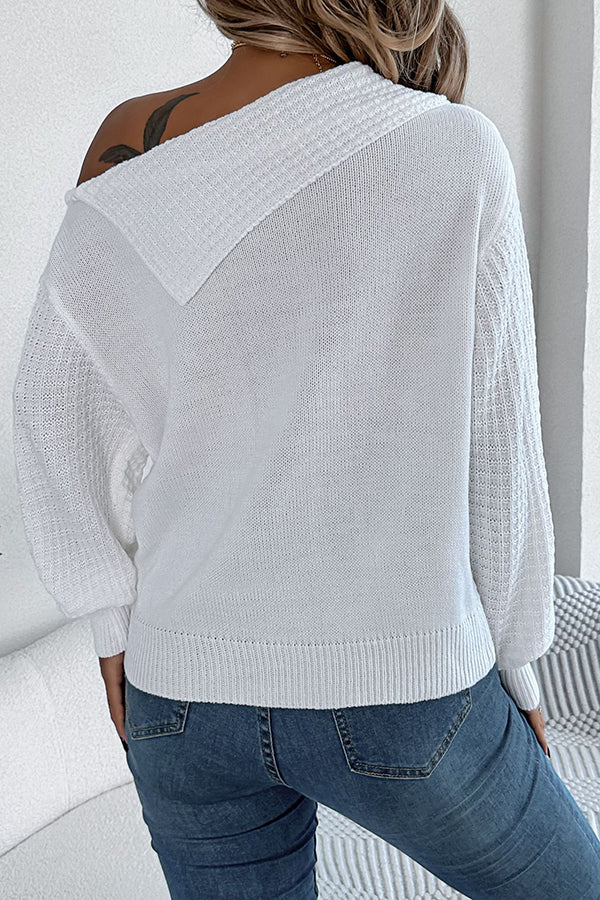 Solid Color Casual One Shoulder Long Sleeve Knitted Sweater