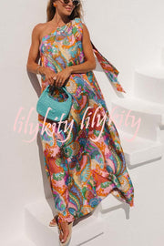 Rainbow Breeze Satin Unique Print Bow One Shoulder Loose Maxi Dress