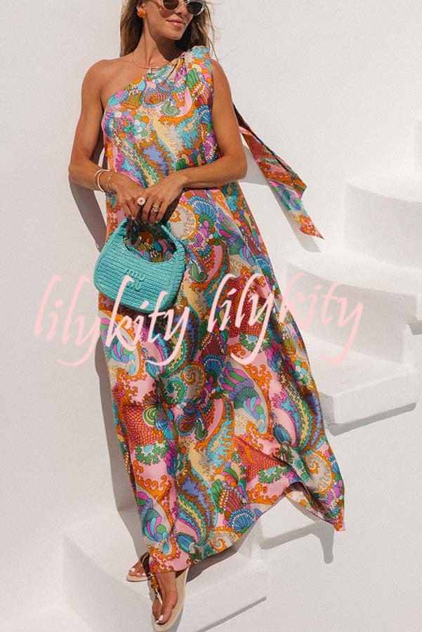 Rainbow Breeze Satin Unique Print Bow One Shoulder Loose Maxi Dress
