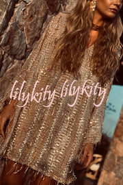 Flowing Shimmer Sequin Tassel Fabric Bell Sleeve Back Tie-up Loose Mini Dress