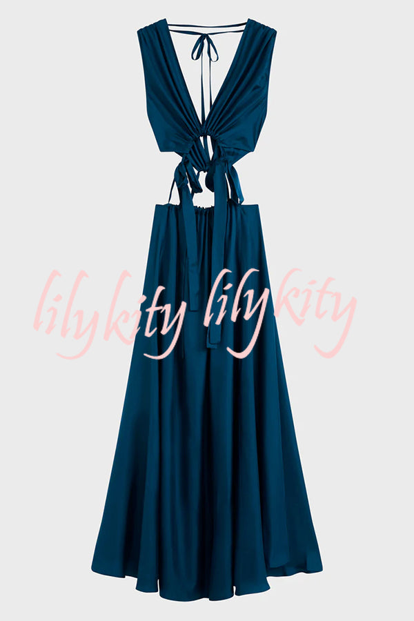 Midnight Charm Satin Ruched Cutout Tie-up Maxi Dress