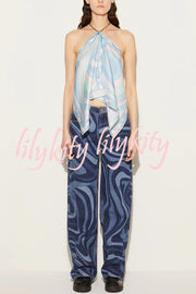 Artistic Girl Satin Unique Print Metal Chain Halter Draped Scarf Tank