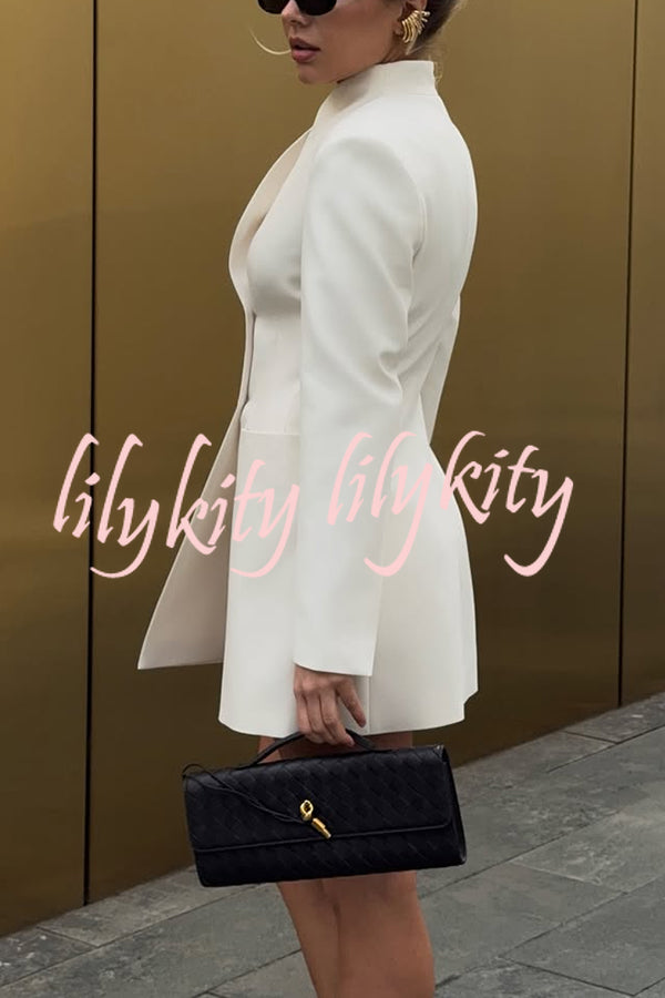 Kayleen Stand V-neck Decorative Metal Button Long Sleeve Pocket Blazer Mini Dress