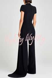 Pippa High Neck Short Sleeve Irregular Drape Hem Top and Elastic Waist Flare Pants Set