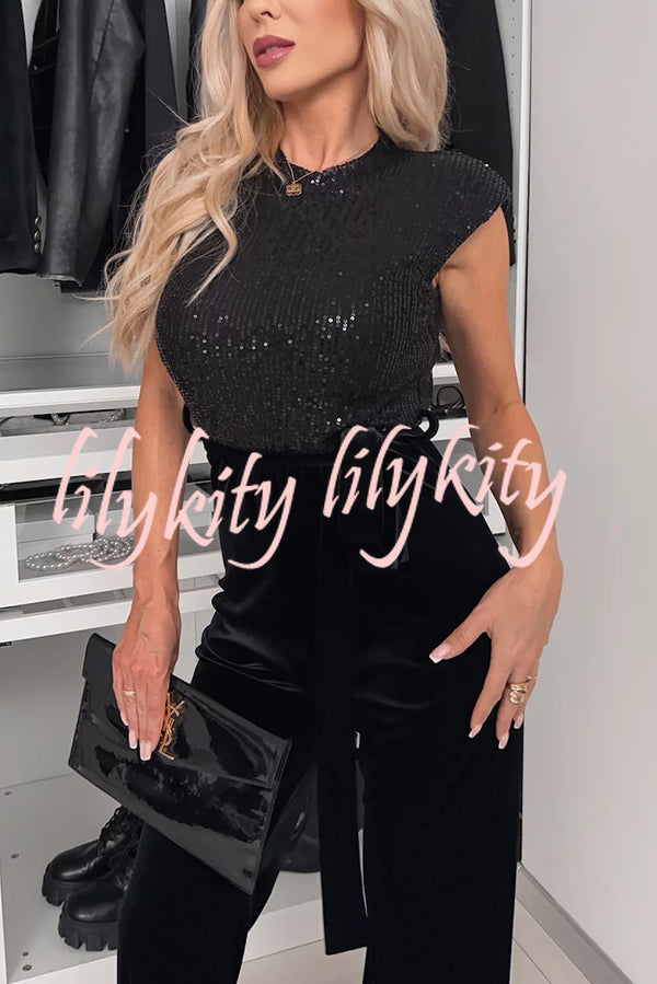 Perfect Party Style Sequin Velvet Patchwork Backless Flare Stretch Jumpsuit