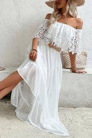 Solid Color Off-The-Shoulder Lace Panel Holiday Maxi Dress