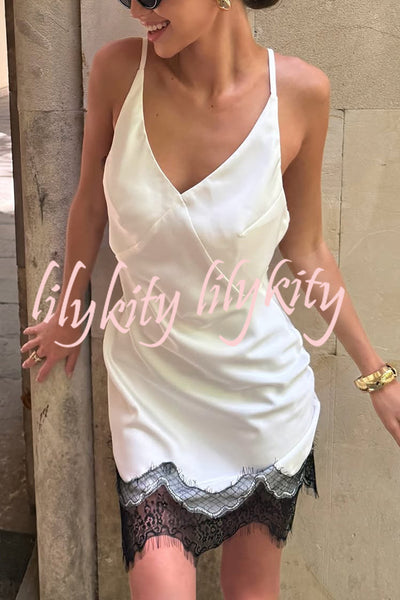 Sexy Lace Paneled V-neck Halter Back Mini Dress