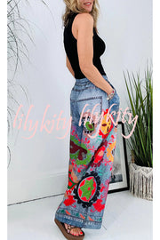 Hippie Style Unique Floral Denim Print Elastic Waist Pocketed Wide Leg Pants