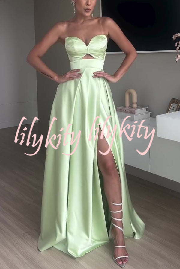 Chic Queen Satin Hollow Strapless Slim High Slit Party Maxi Dress