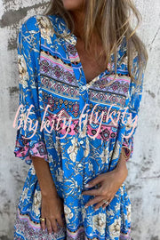 Ethnic Floral Print V-neck Loose Pocket Mini Dress