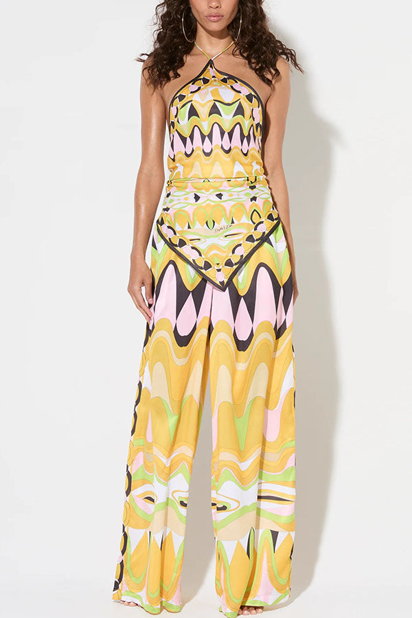 Jodie Unique Print Halter Scarf Tank and Elastic Waist Pocketed Wide Pants Set