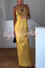 Fashionable Beaded Large Flower Decoration Halter Neck Backless Maxi Dress