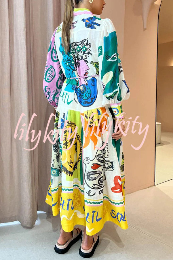 Boldness and Art Unique Print Balloon Sleeve Patchwork Shirt Midi Dress