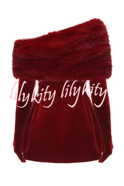 Stylish Velvet Off-shoulder Fitted Mini Dress and Fluffy Shawl, Velvet Gloves Three-piece Set