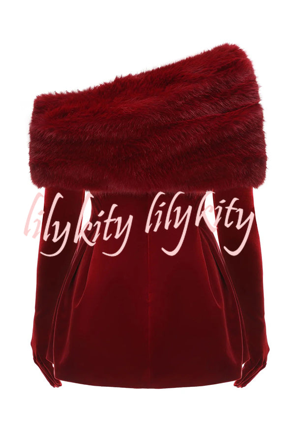 Stylish Velvet Off-shoulder Fitted Mini Dress and Fluffy Shawl, Velvet Gloves Three-piece Set