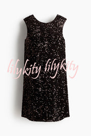 Glam Season Velvet Sequin Back Oversized Bow Design Sleeveless Loose Mini Dress