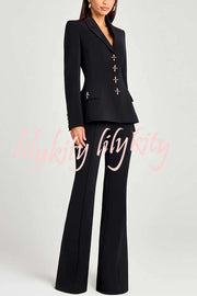 Women Power Metal Cross Snap Button Long Sleeve Lapel Blazer